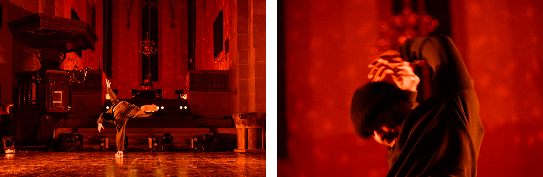 Two photos. The first photo was taken in a church. In the middle you can see a dancer in motion. In the background is an artist with a laptop. In the second photo is a portrait of the same dancer. In the photo, the movement is clearly visible. Both photos have a red glow due to the lights in the church.